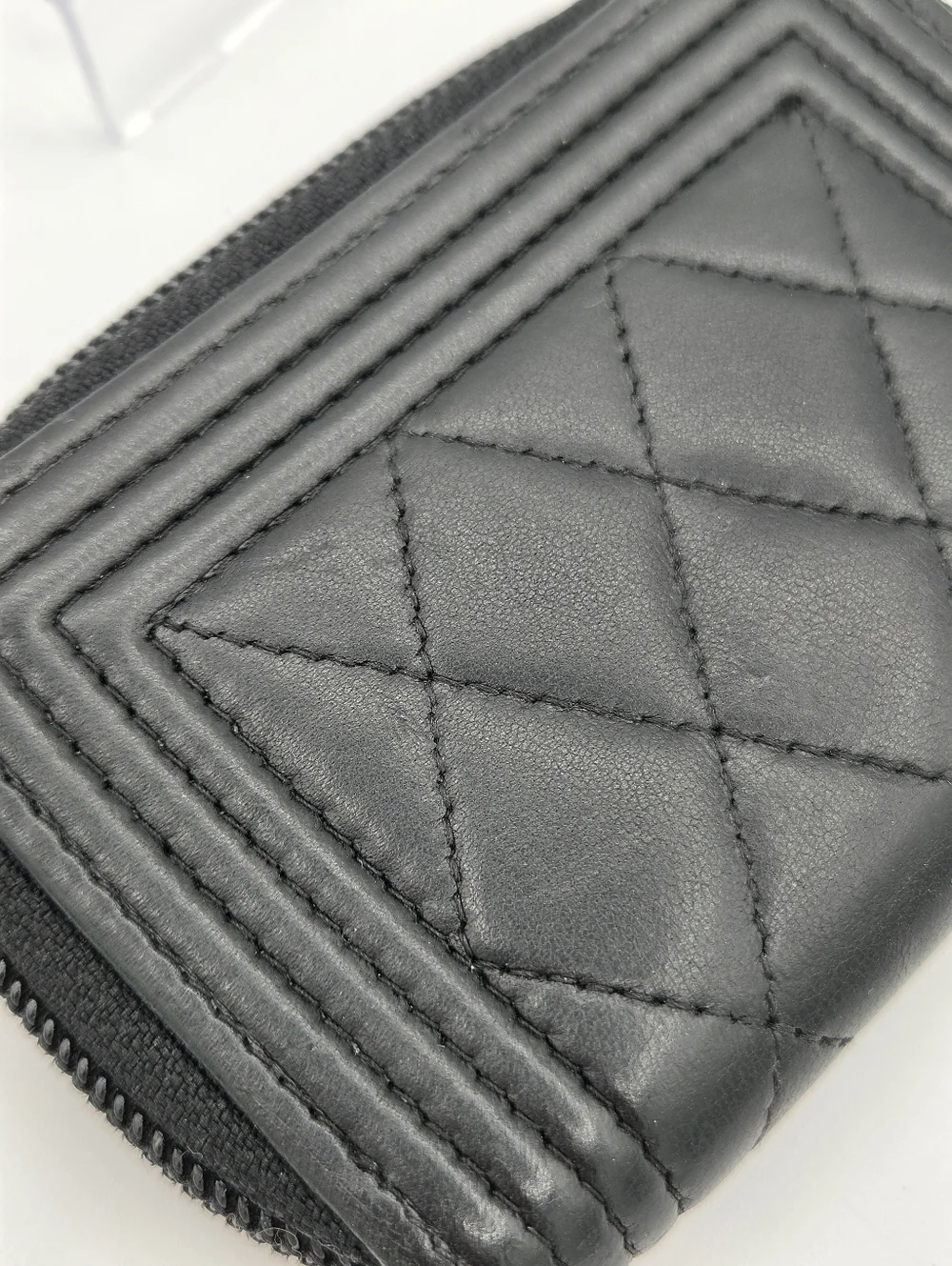 Chanel Boy Zip Around Coin Purse Wallet Lambskin Black